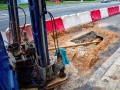 Horizontal directional drilling technology. Drilling machine, laying communications. HDD drill rig, drilling under asphalt. Underground pipe laying. Installing underground pipe, water and gas pipeline